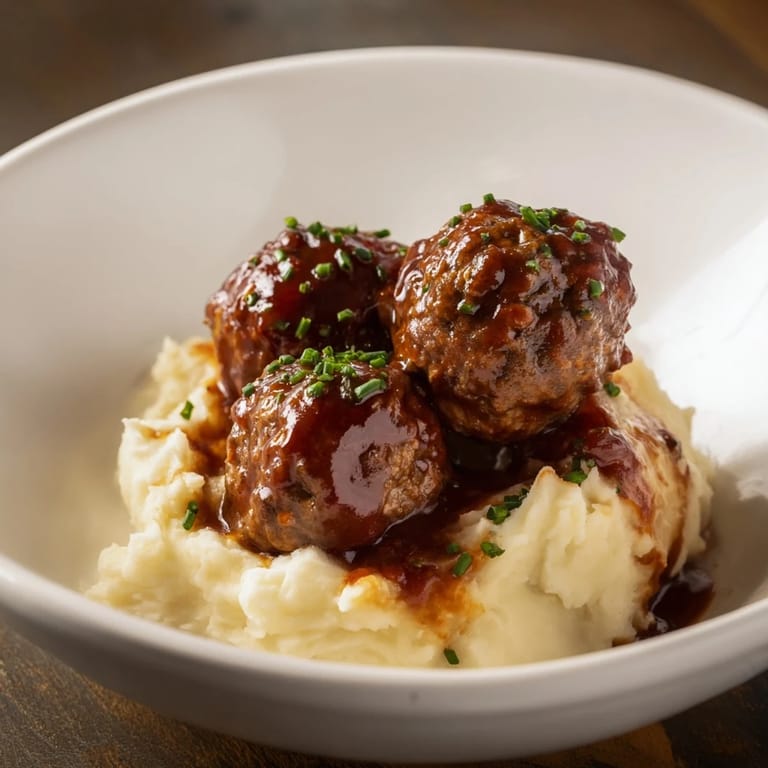 Smoky BBQ meatballs and mashed potatoes blend, the tender beef coated in a sweet and flavorful glaze for dinner.