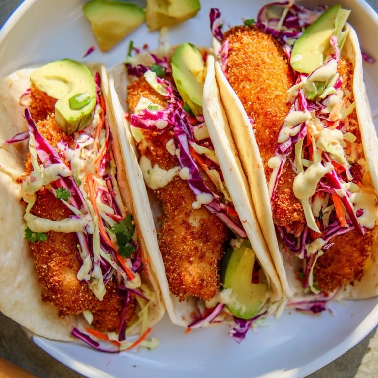 Vibrant image of crispy fish tacos showcasing golden fried fish, slaw, and avocado, perfect for dinner.
