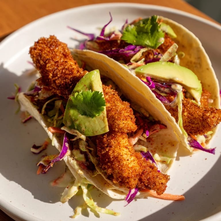 Close-up of freshly assembled crispy fish tacos, highlighting the textures and vibrant colors of each element.