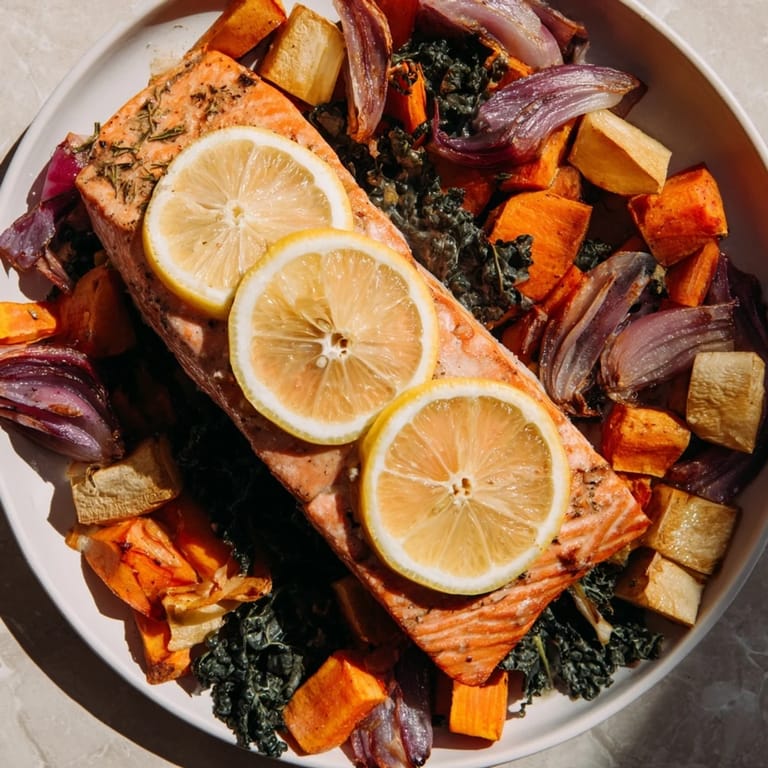 Golden, roasted Sheet-Pan Salmon with vibrant vegetables, perfectly cooked, a complete and easy dinner.