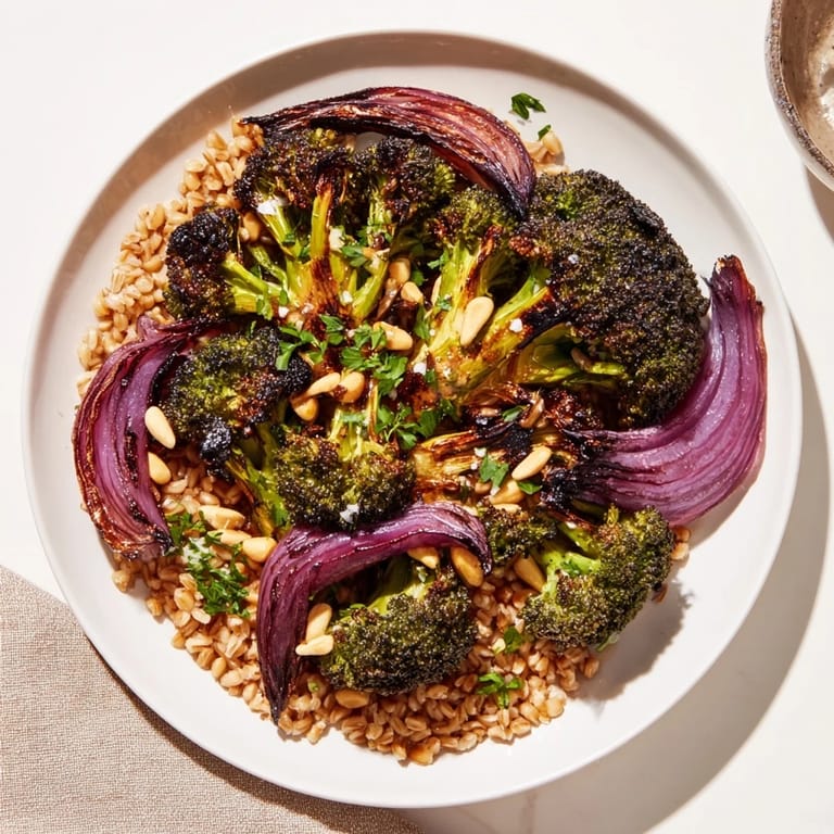 Mediterranean flavors shine in this warm roasted broccoli with tender farro and bright dressing.