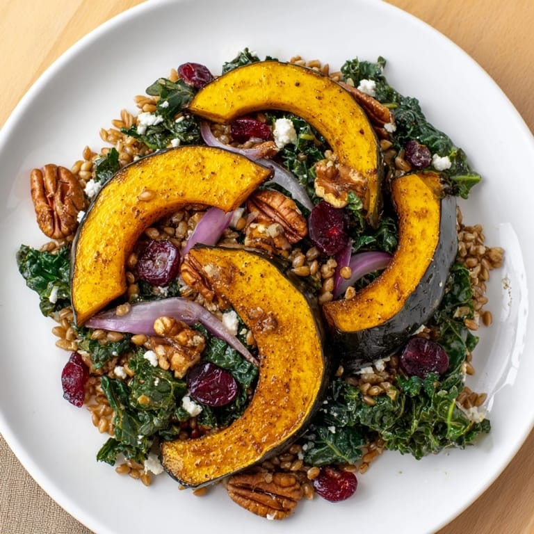 A colorful bowl of Farro & Mustard Green Salad with juicy squash; expect a flavorful, satisfying vegetarian meal.