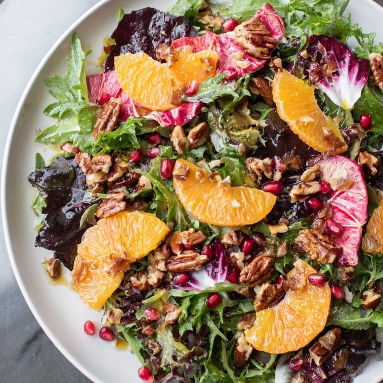 Close-up of a Winter Greens Salad, showcasing bright citrus segments and crunchy toasted nuts.