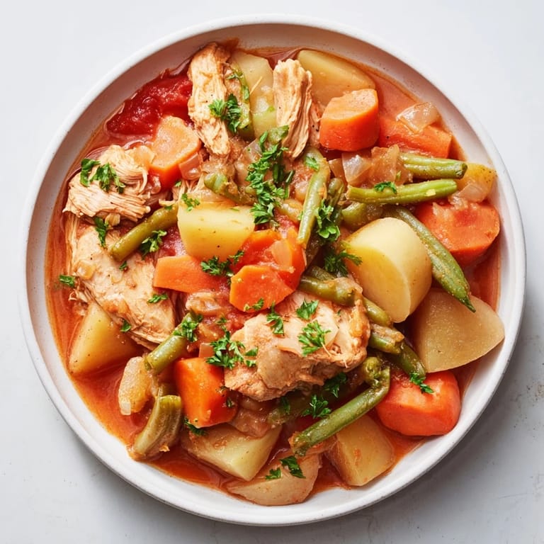 A warm bowl of slow-cooker chicken & vegetable stew, perfect for a cozy, flavorful family dinner served with crusty bread.