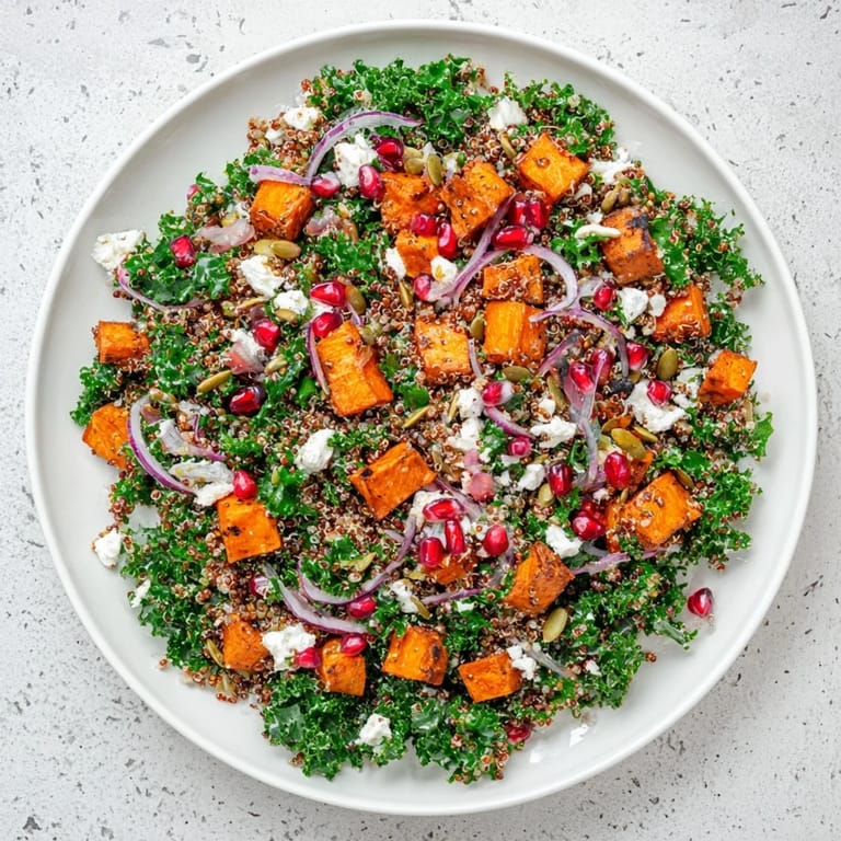 Brighten your day with this Kale & Quinoa Salad, the recipe's roasted sweet potato and fresh lemon flavors shine.