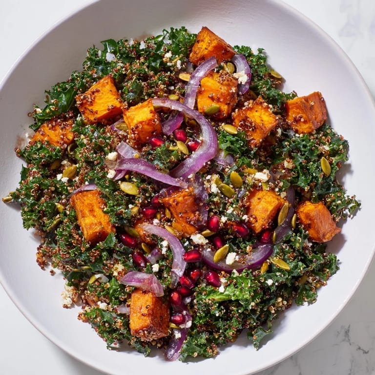 A flavorful bowl of Kale & Quinoa Salad, showing fluffy quinoa and tender sweet potato with lemon dressing.