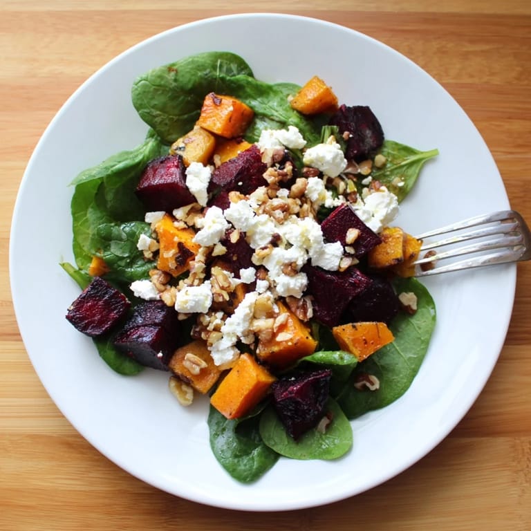 Bright image of a delicious Roasted Beet, Butternut & Spinach Salad with roasted vegetables and cheese.
