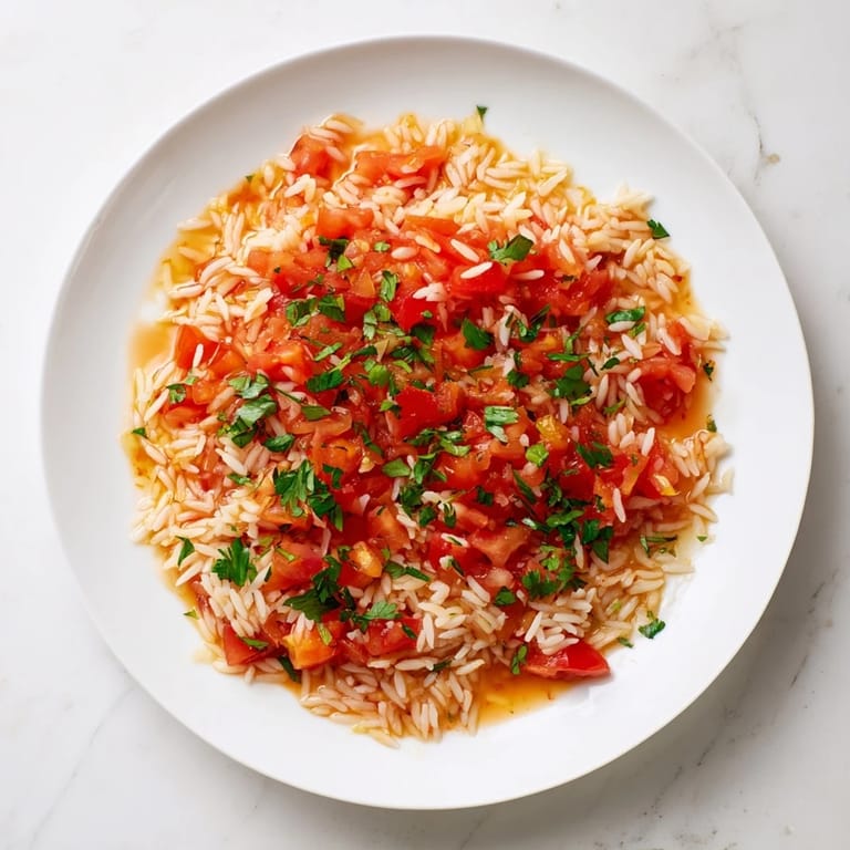 One-pan Tomato-Rice Skillet Dinner: fragrant garlic and savory rice simmered in tomato broth to perfection.