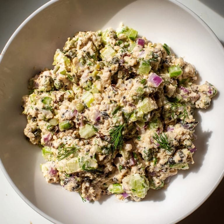 A close-up of vibrant chickpea tuna salad, perfect for quick sandwiches or as a healthy lunch.