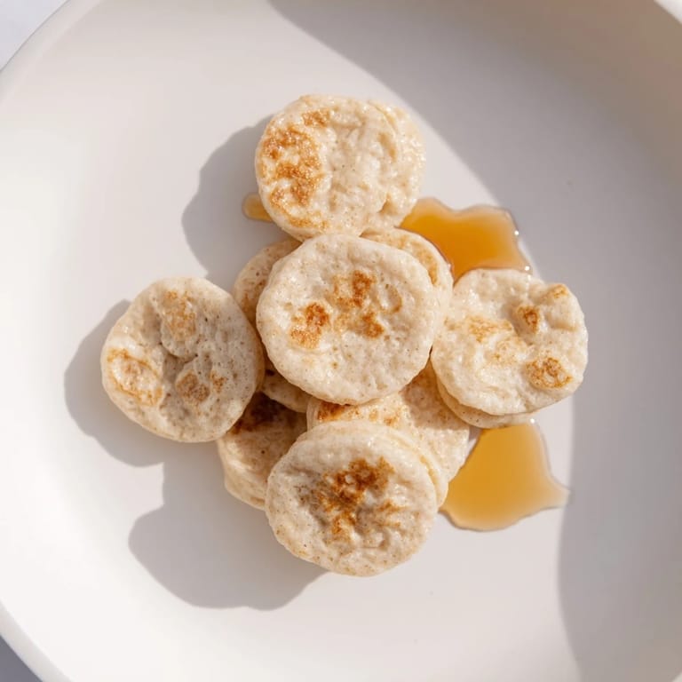 Miniature pancake cereal: a bowl filled with tasty, bite-sized pancakes ready to be enjoyed.