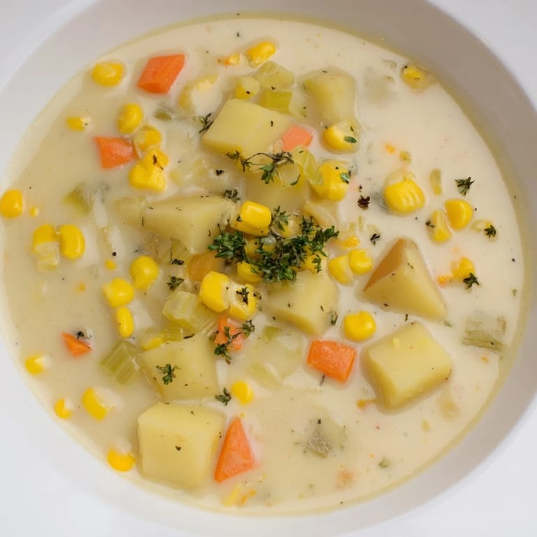 A rich, thick corn & potato chowder bubbling in a pot, ready to be ladled and enjoyed.