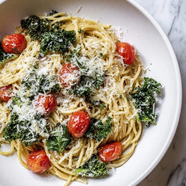 A close-up shot of the vibrant one-pot spaghetti dish, filled with fresh kale and tomatoes.