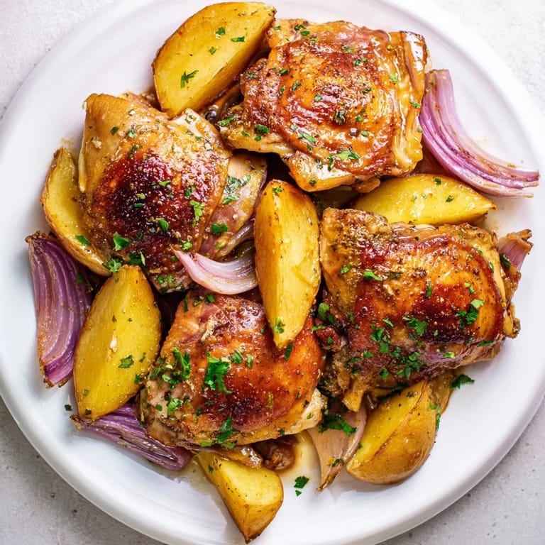 A pan of Greek Lemon Chicken and Potatoes, with tender chicken and potatoes browning beautifully.