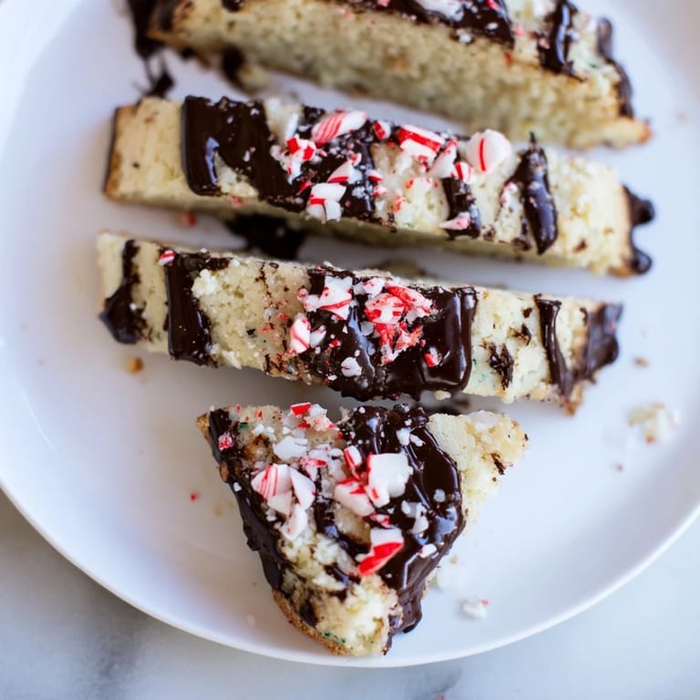 Golden-baked chocolate peppermint shortbread wedges with melting chocolate, a delightful holiday dessert.