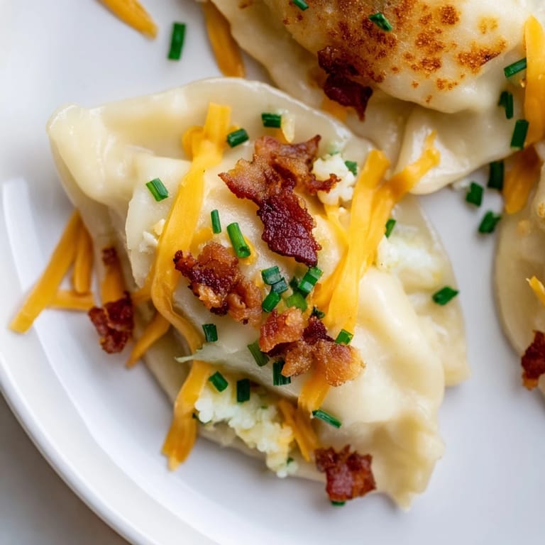 Steaming Loaded Baked Potato Soup Dumplings, showcasing a savory filling with bacon and bubbly cheese.