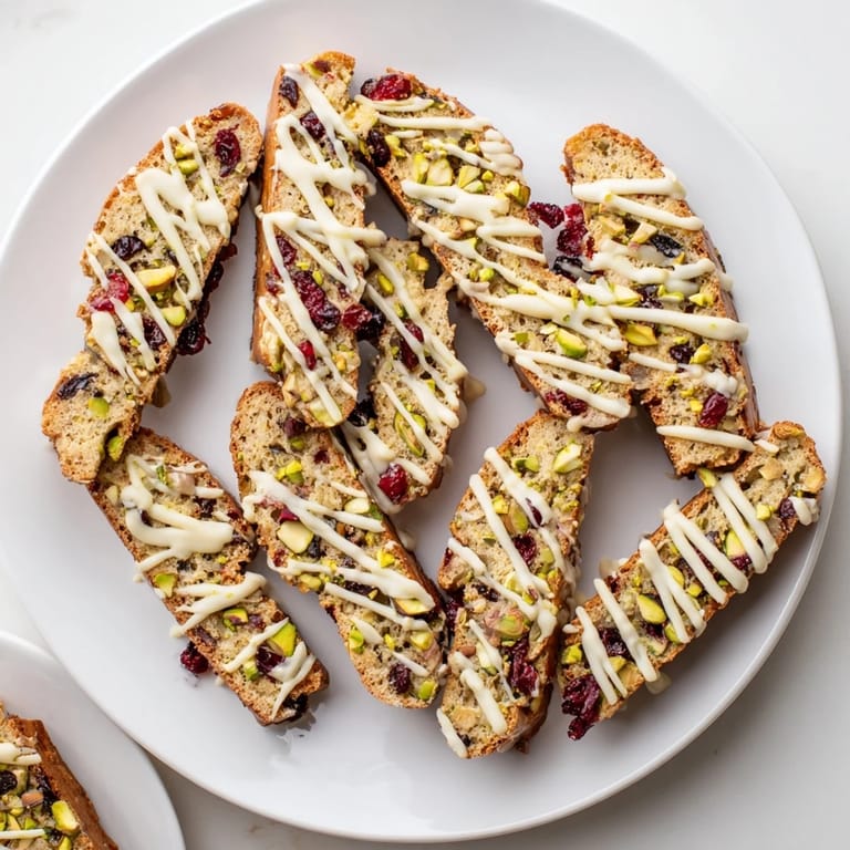 A close-up of crispy White Chocolate Cranberry Pistachio Biscotti, drizzled with sweet white chocolate.