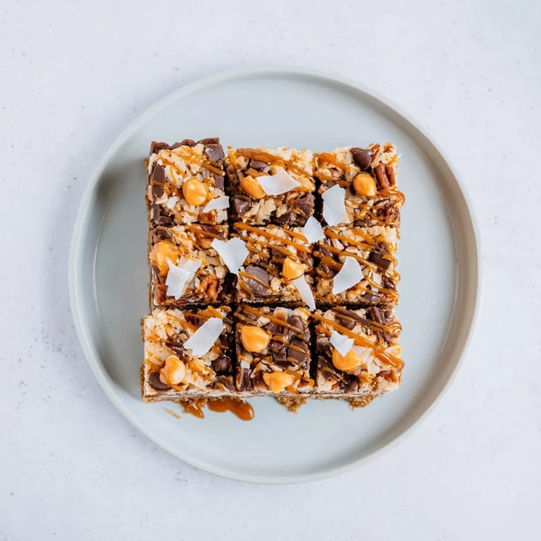 Close-up of baked 7-Layer Magic Bars: a delicious dessert with chocolate, butterscotch, and nuts.