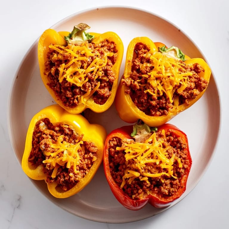 Golden-brown Sloppy Joe Stuffed Bell Peppers, cooked tender, offer a delightful, family-pleasing meal.