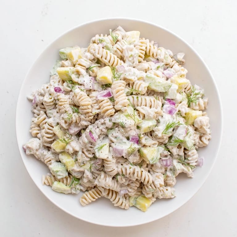 Chilled Dill Pickle Pasta Salad with tangy dressing, perfect for a summer picnic or potluck.