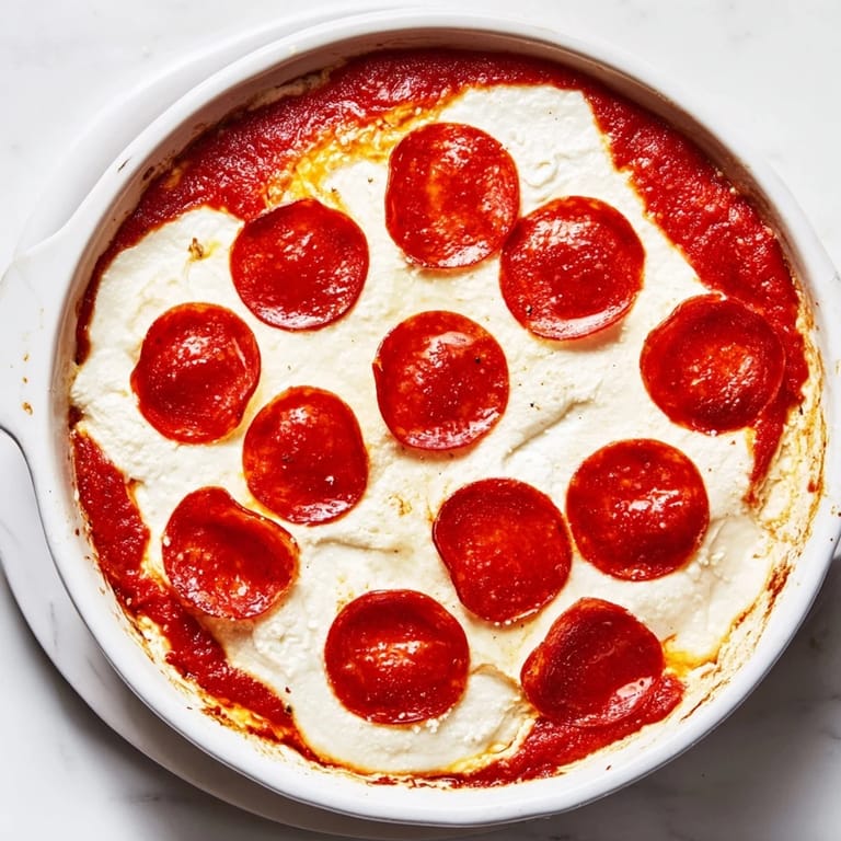 A close-up of cheesy pizza dip, ready to be scooped with your favorite dippers for a party.
