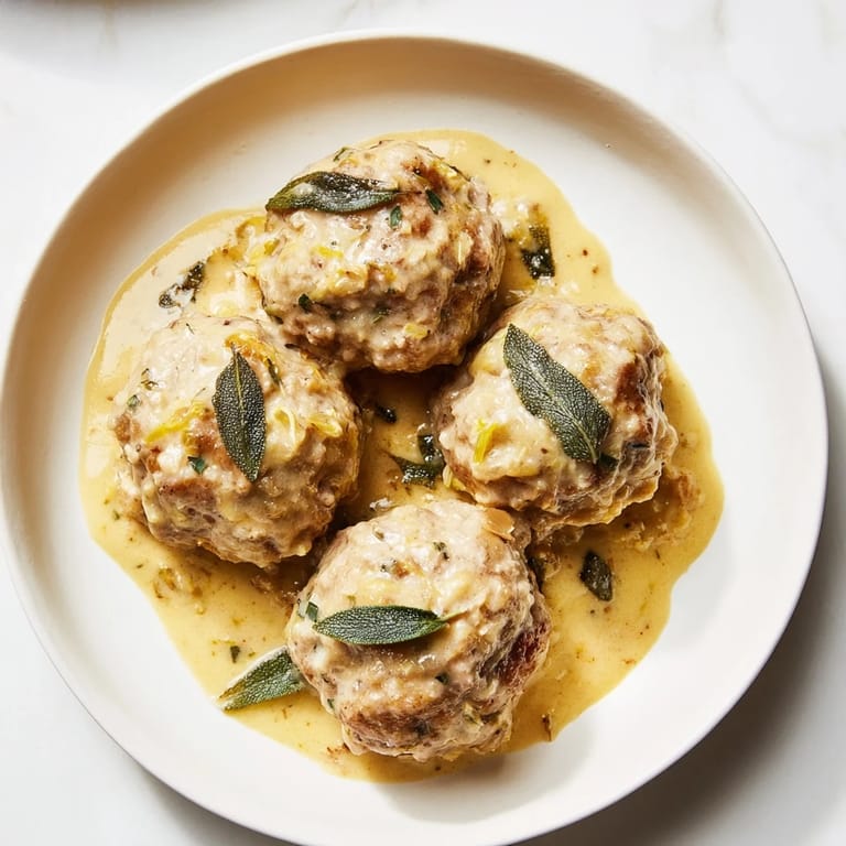 A warm plate of turkey meatballs with pumpkin sage sauce, garnished for a flavorful supper.