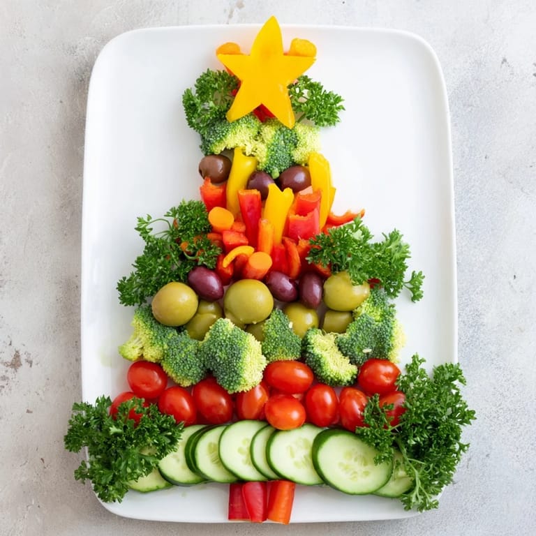 A visually stunning Healthy Christmas Veggie Platter Tree, complete with a star and olive ornaments.