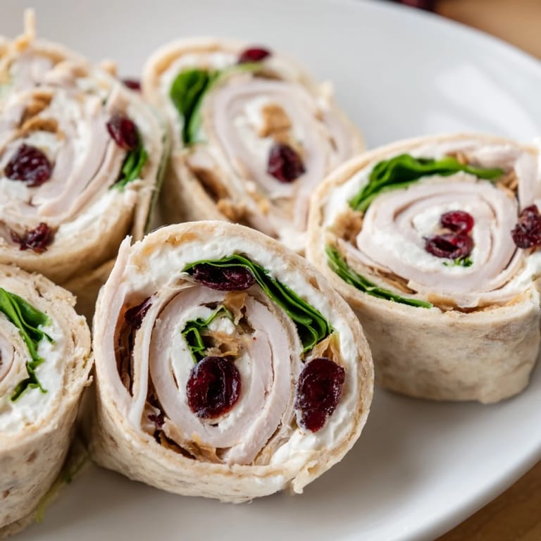 Close-up of a rolled Simplified Turkey Cranberry Pinwheel showing layers of turkey and cranberry.