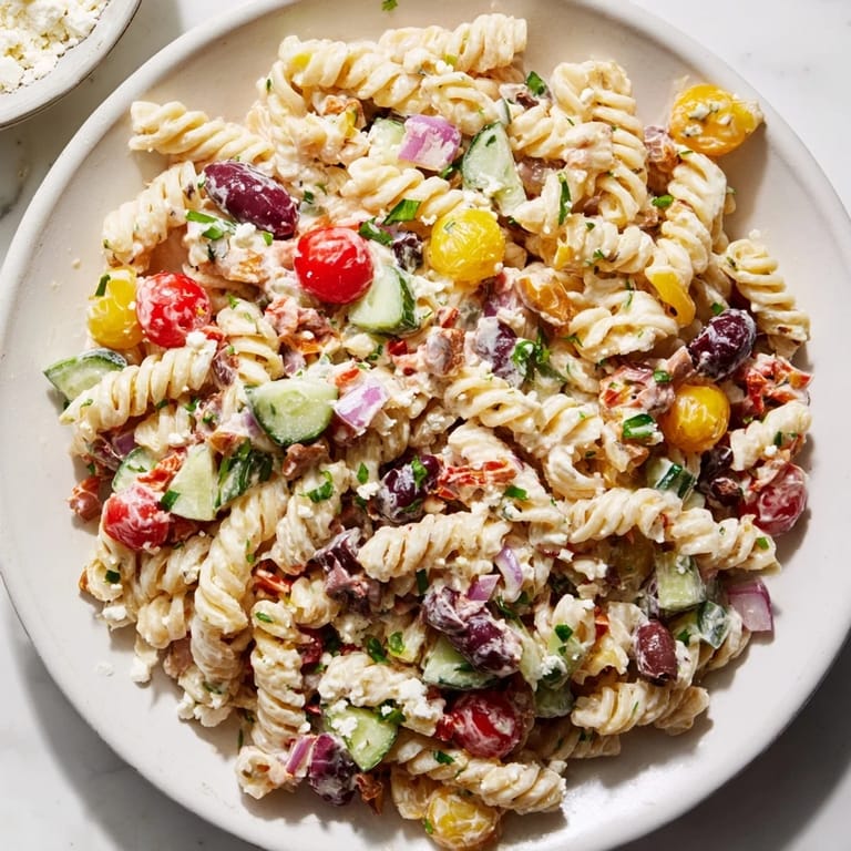 Homemade Greek Yogurt Million Dollar Christmas Pasta Salad with a creamy dressing and various savory cheeses.