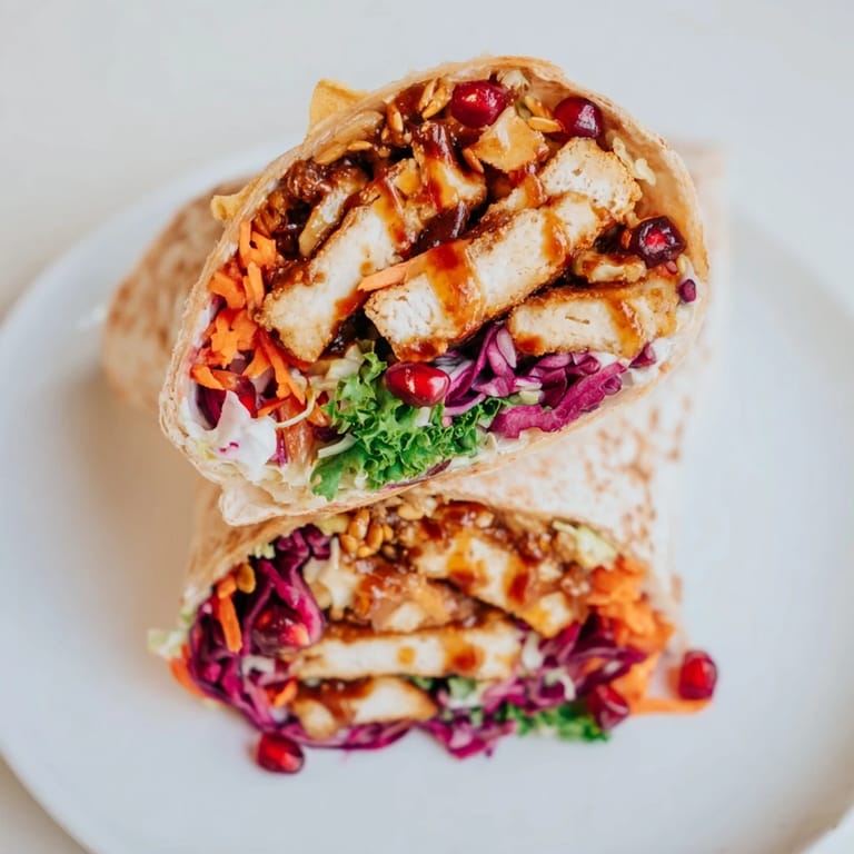 A close-up view of a beautifully assembled Sweet Chili Tofu Crunch Wrap, ready for a satisfying bite.