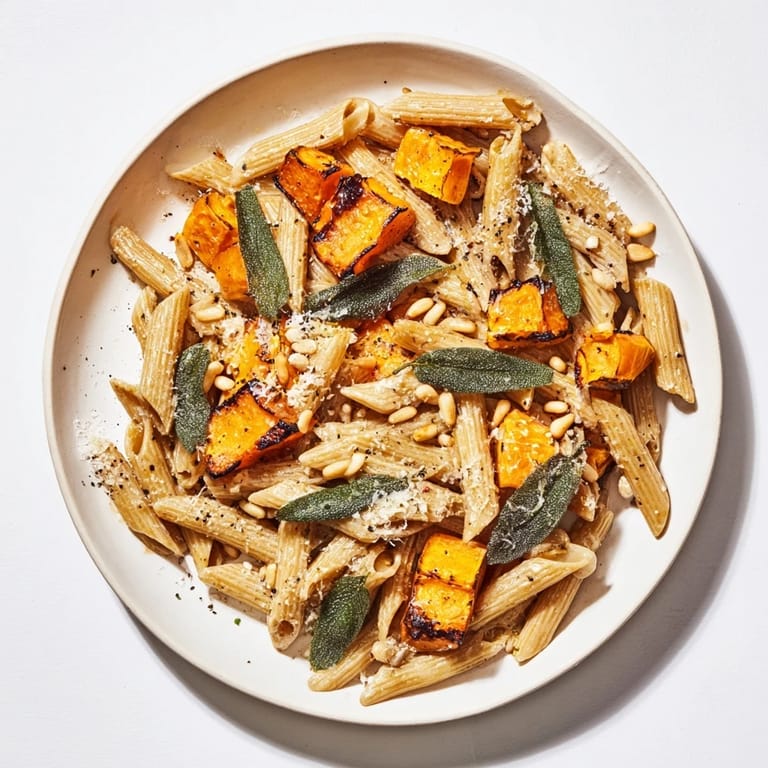 Warm and inviting bowl of Butternut Squash & Sage Brown Butter Pasta tossed in a buttery sage sauce.