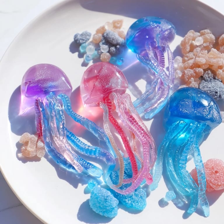 This enchanting Jellyfish Candy Platter features playful jellyfish-shaped candies and coral-like sweets.