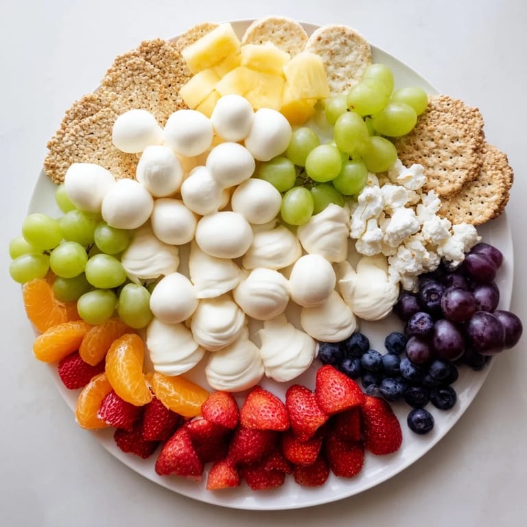 This whimsical cloud and rainbow grazing board presents an artful arrangement of rainbow-colored fruit.