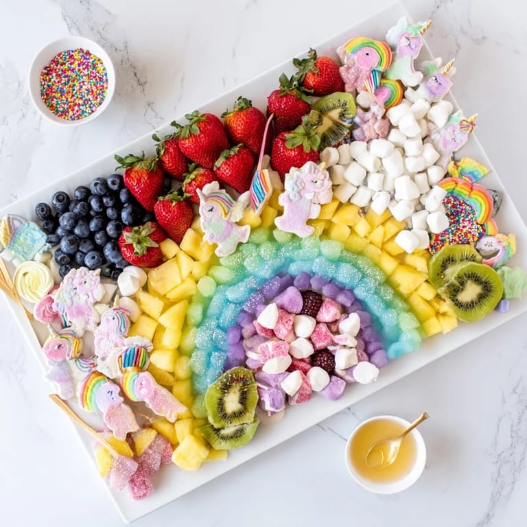 This celebratory, magical Unicorn Rainbow Dessert Board boasts an amazing spectrum of delicious treats.