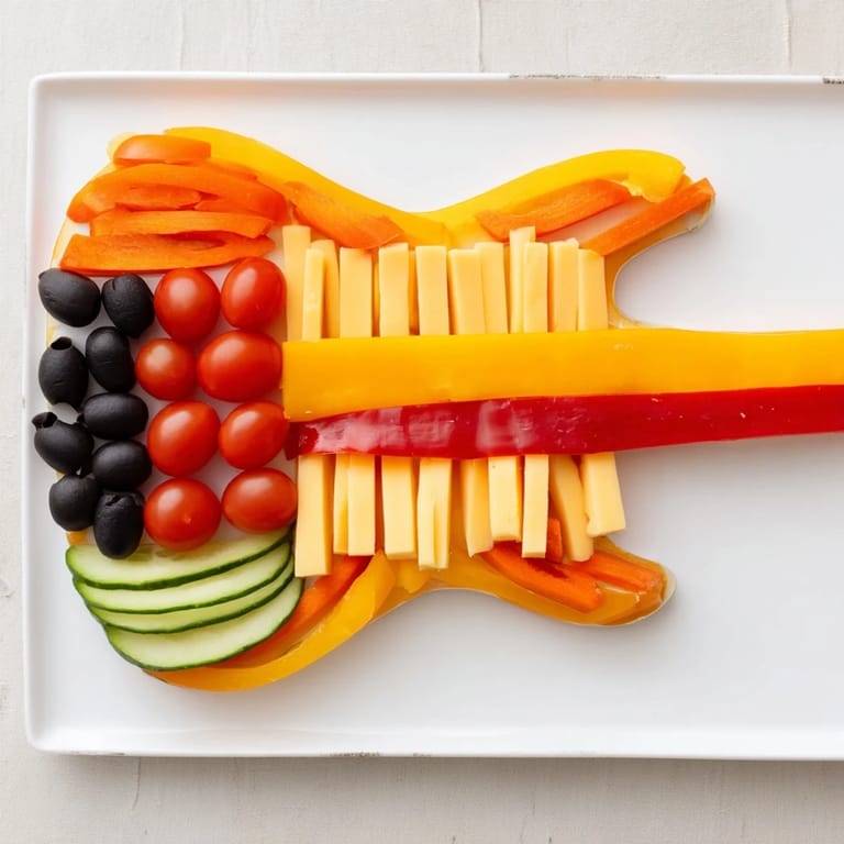 Colorful Rock Star Guitar Snack Platter features cheddar, pepper jack, crackers, and refreshing veggie pieces, perfect for parties.