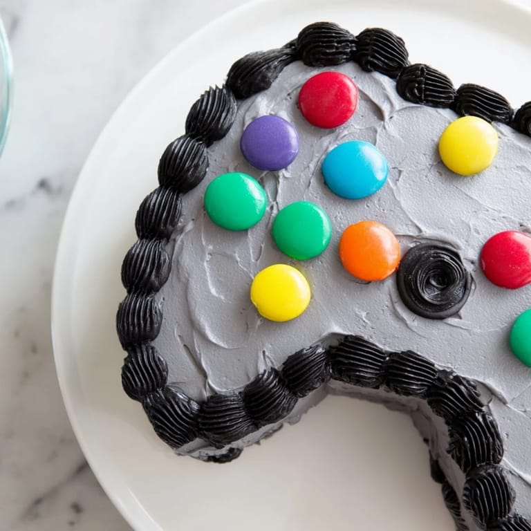 This colorful Pixel Perfect Video Game Controller Cake features bright frosting and candy button details, ready to be cut.