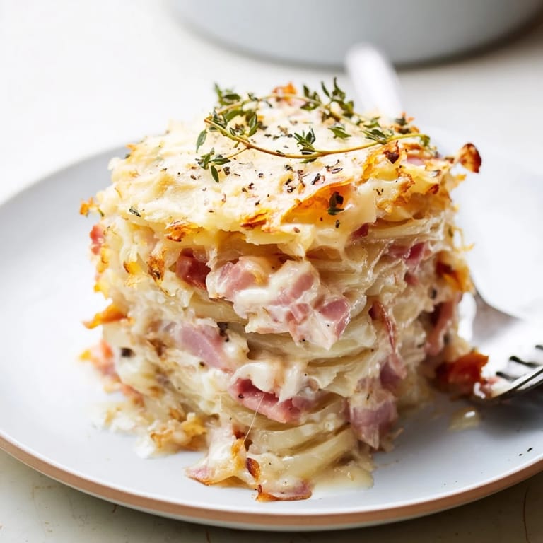 Plateaux Moufle Chaud et Confortable: hearty baked potato dish with rich cream, ham, cheese, perfect for sharing.