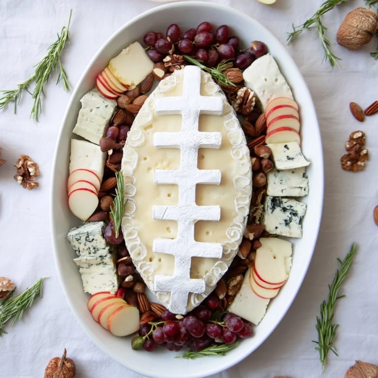 Arranged rugby ball cheese board, featuring creamy brie and tangy goat cheese, ready to be enjoyed.