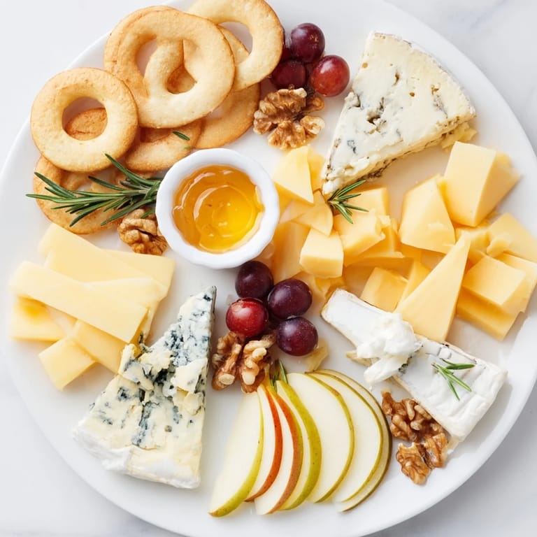 Elegant cheese plate: assorted cheeses including blue cheese alongside fruit and crackers for guests.