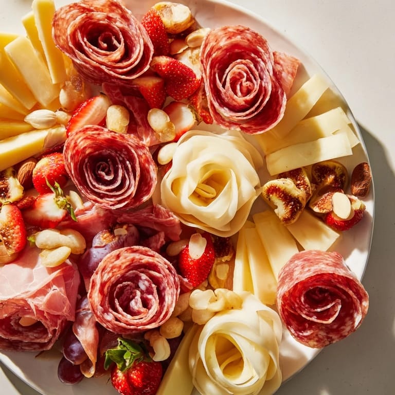 This Meat and Cheese Rose Garden Board displays an artful arrangement of cheeses, meats, and olives.
