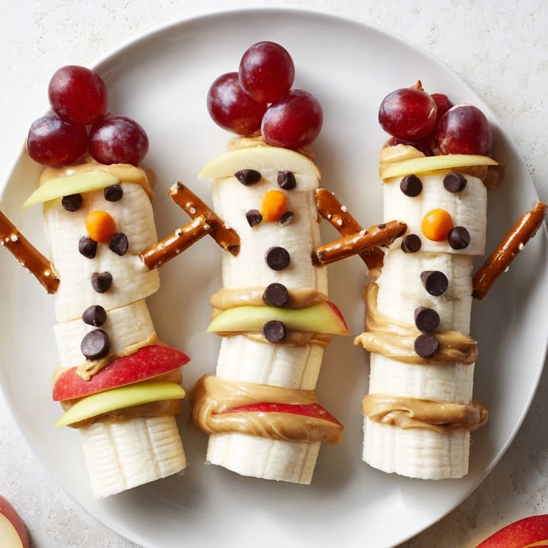 Kids will love these quick and easy Banana Peanut Butter Snowmen, a healthy and fun holiday treat.