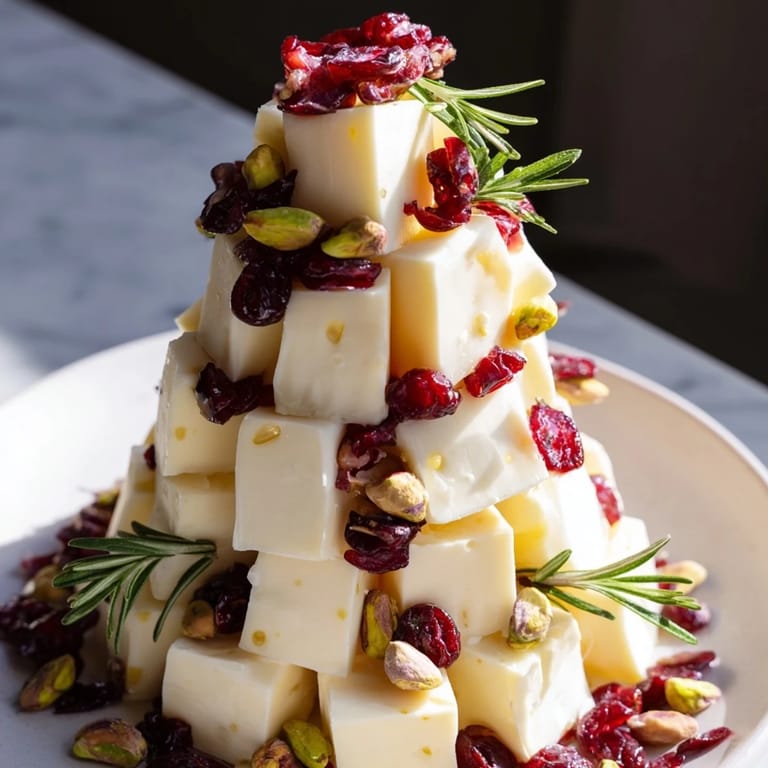 A homemade Cranberry White Cheddar Tree, ready to serve and overflowing with cheese and herbs.