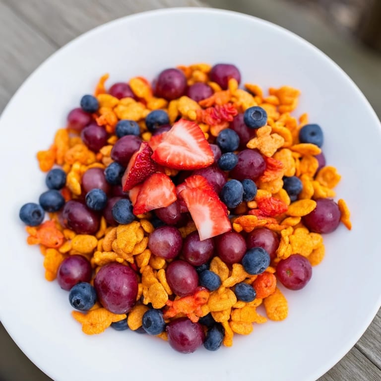 A playful mound of rainbow Goldfish crackers with juicy berries and creamy yogurt, perfect for a cheerful snack.