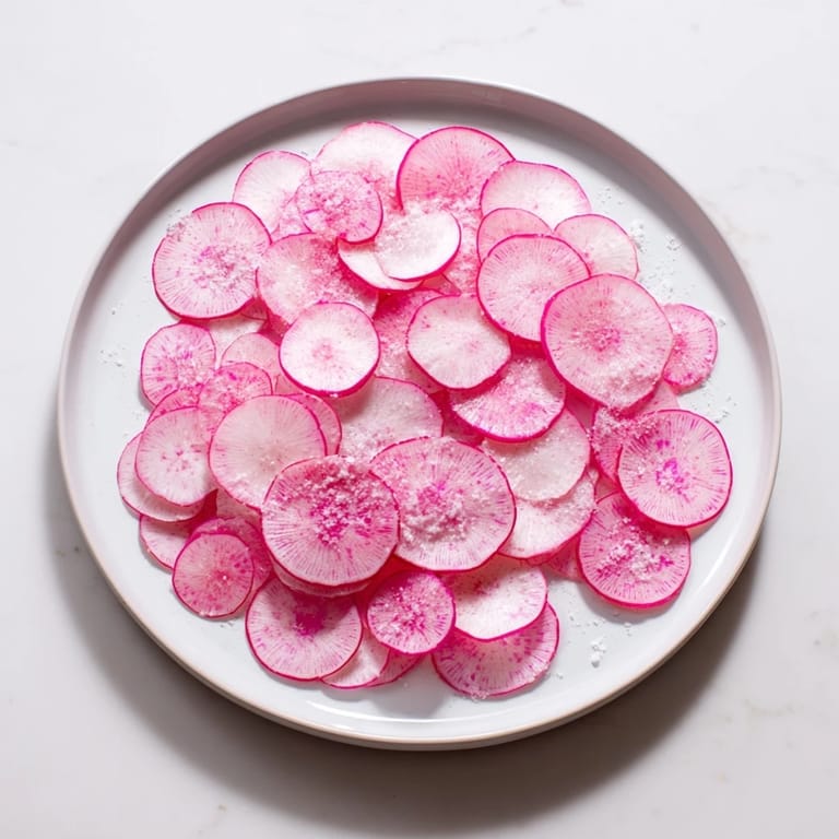 Freshly sliced radishes, seasoned with sea salt on a white plate, ready for a quick bite.