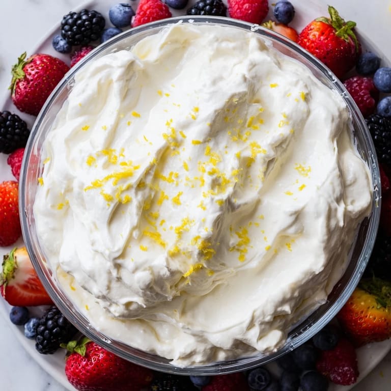 Enjoy this easy recipe: Fluffy cream cheese fruit dip with delicious, juicy, assorted fresh berries.