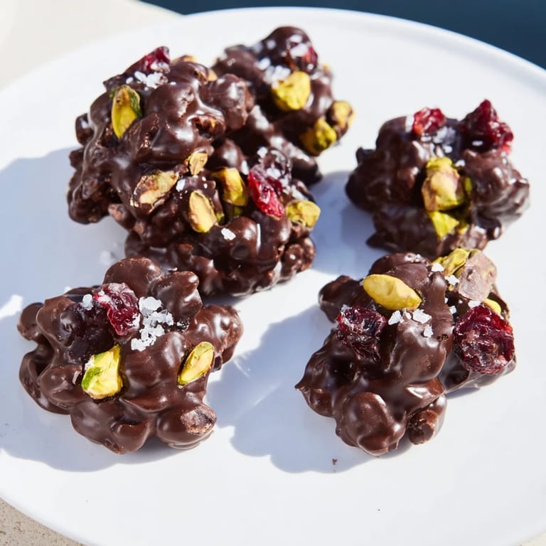 Sweet dark chocolate perfectly coats these easy-to-make Pistachio and Dried Cranberry Clusters, a festive treat.