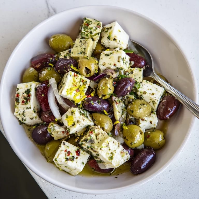 Mediterranean-inspired Holiday Mix, featuring olives and feta cubes sprinkled with fresh parsley and lemon zest.