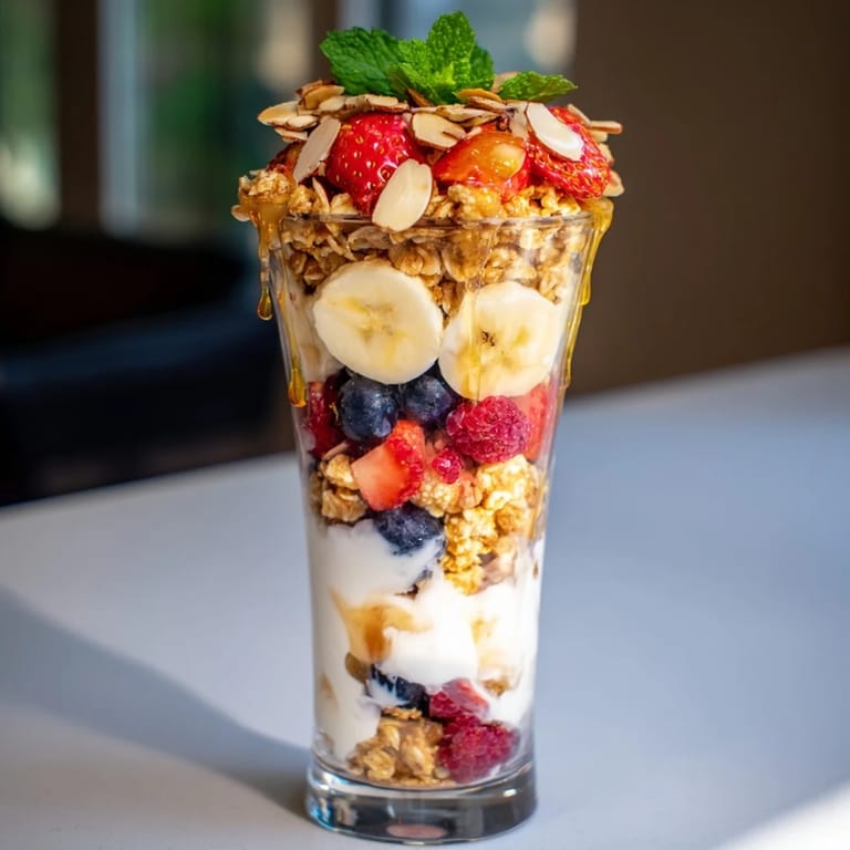 Enjoy a colorful Yogurt and Granola Parfait in tall glasses, perfect for a sunny breakfast.