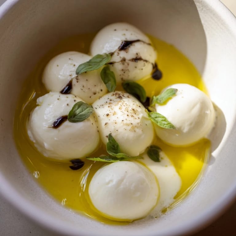 Tender mozzarella pearls, seasoned well, perfect for a light appetizer or quick vegetarian meal.