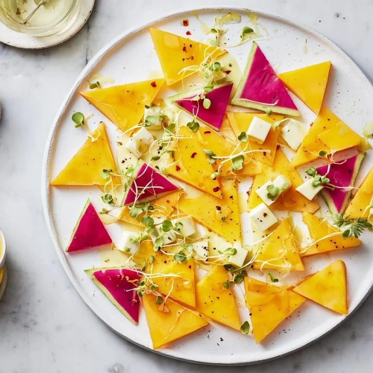 Eye-catching Cubist Deconstruction, a fresh, gluten-free appetizer featuring colorful and flavorful vegetable shapes.