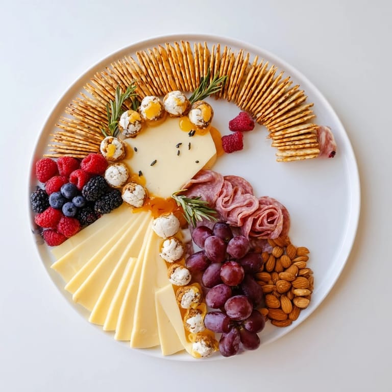 Artfully arranged The Ouroboros Circle, a party appetizer platter with a fan of crackers, fresh fruit, and cheeses.